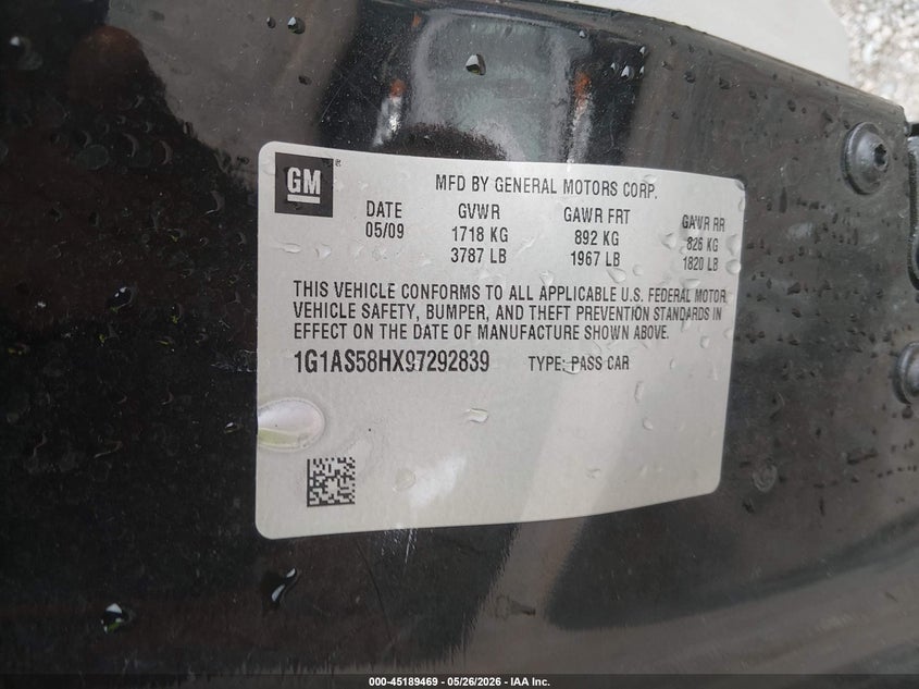 2009 Chevrolet Cobalt Ls VIN: 1G1AS58HX97292839 Lot: 45189469