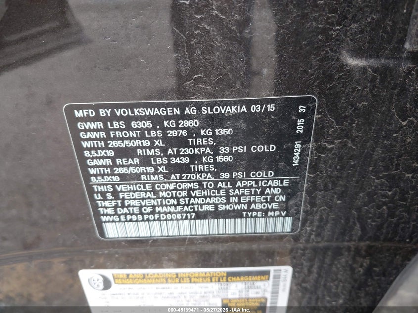 2015 Volkswagen Touareg Tdi Lux VIN: WVGEP9BP0FD006717 Lot: 45189471