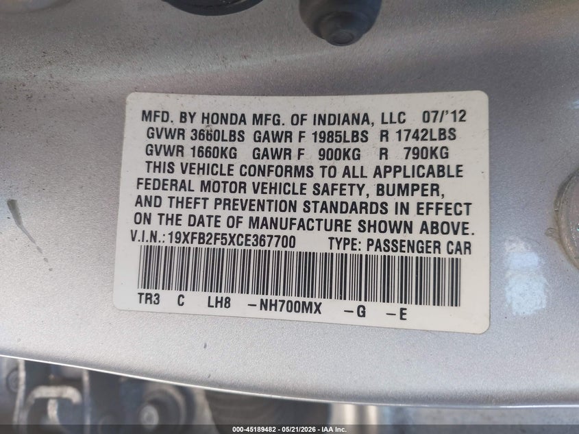 19XFB2F5XCE367700 2012 Honda Civic 1.8 Lx Silver