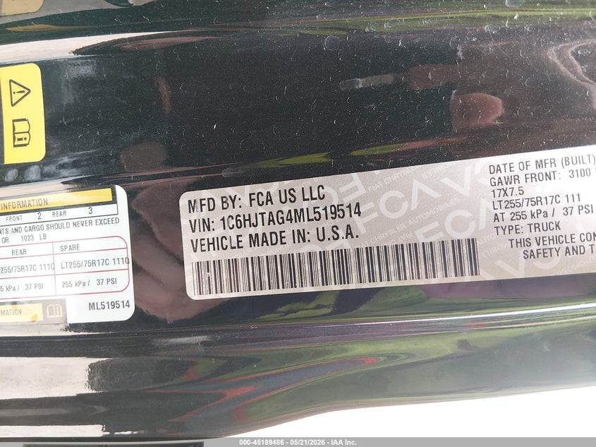2021 Jeep Gladiator Willys Sport 4X4 VIN: 1C6HJTAG4ML519514 Lot: 45189486