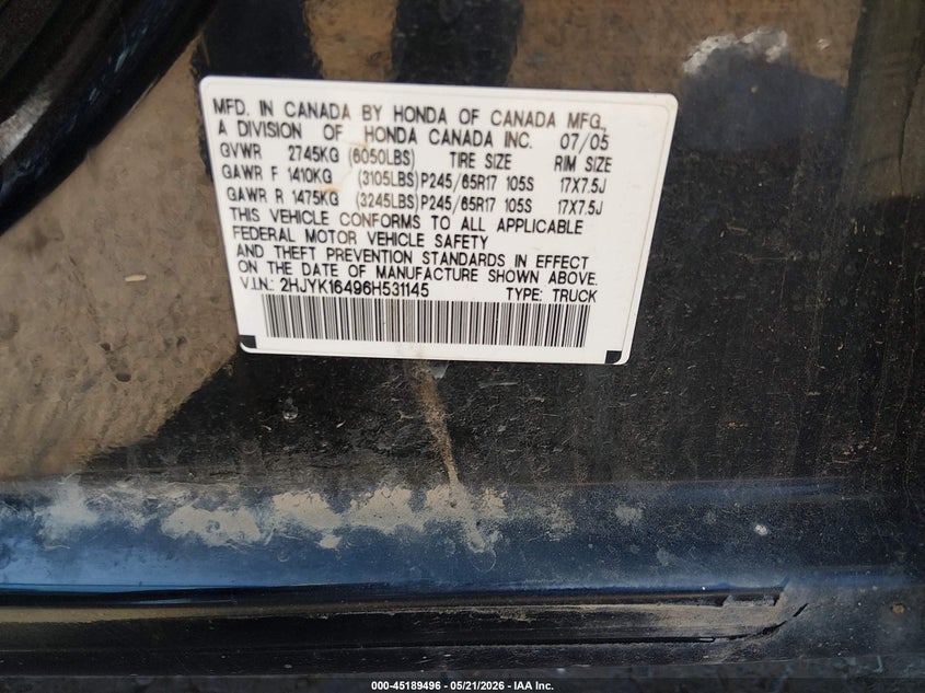 2006 Honda Ridgeline Rts VIN: 2HJYK16496H531145 Lot: 45189496