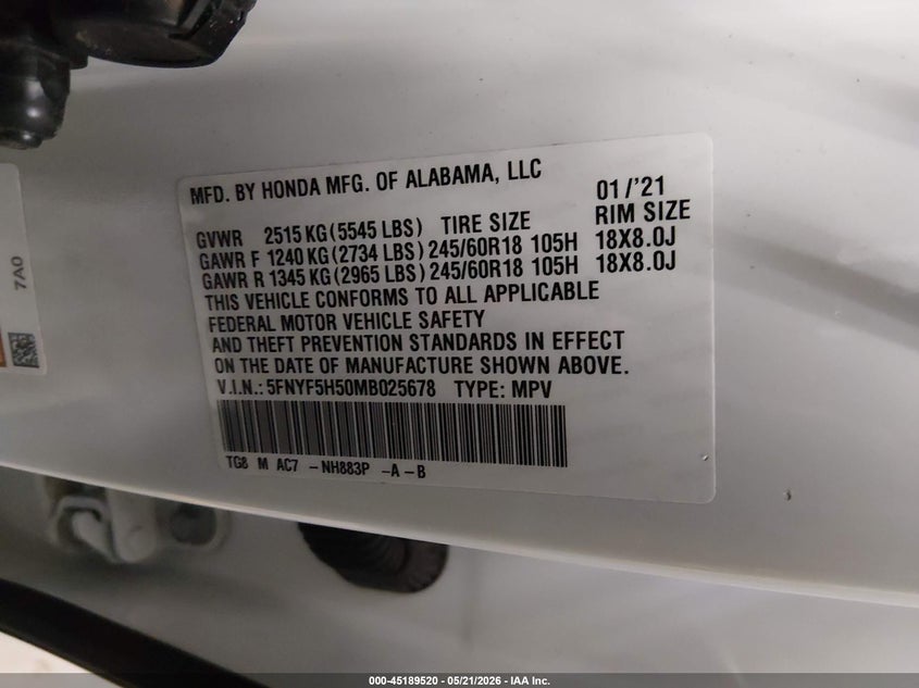 2021 HONDA PILOT 3.5L V-6 DI, VVT, 28(VIN: 5FNYF5H50MB025678