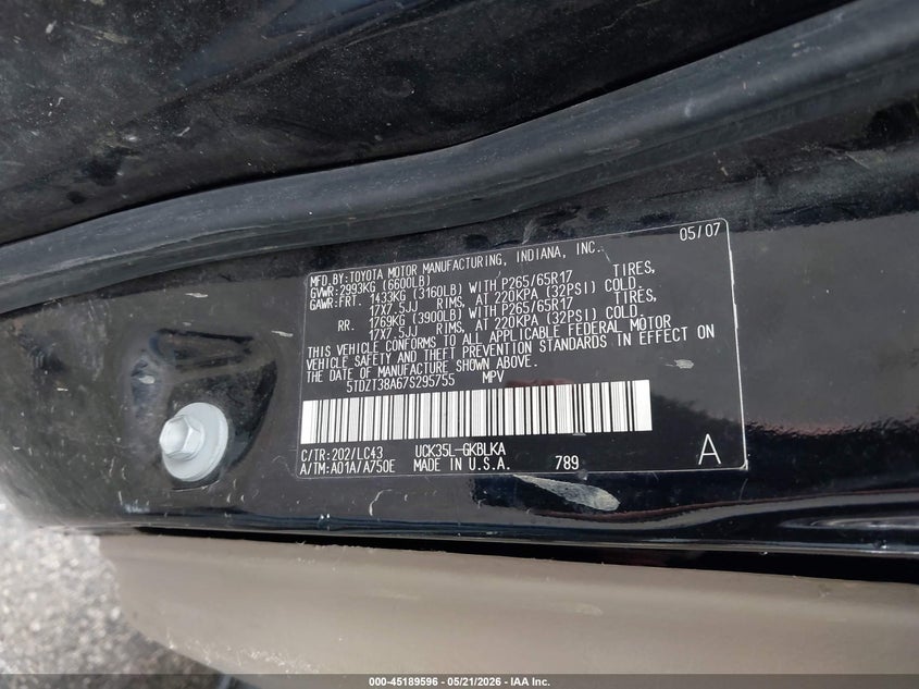 2007 Toyota Sequoia Limited V8 VIN: 5TDZT38A67S295755 Lot: 45189596