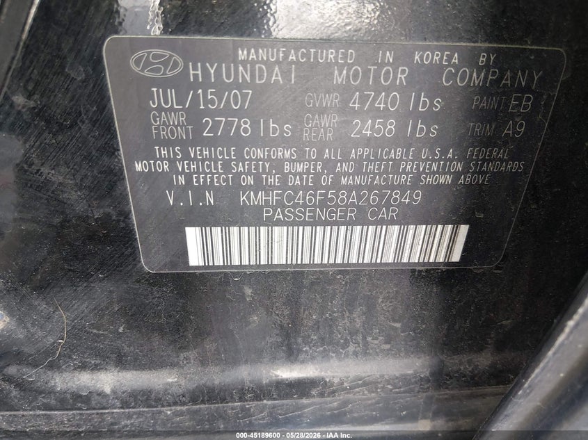 2008 Hyundai Azera Limited VIN: KMHFC46F58A267849 Lot: 45189600