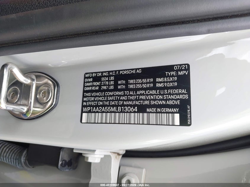 2021 Porsche Macan VIN: WP1AA2A55MLB13064 Lot: 45189607