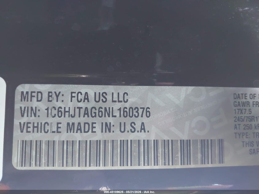 2022 Jeep Gladiator Altitude 4X4 VIN: 1C6HJTAG6NL160376 Lot: 45189625