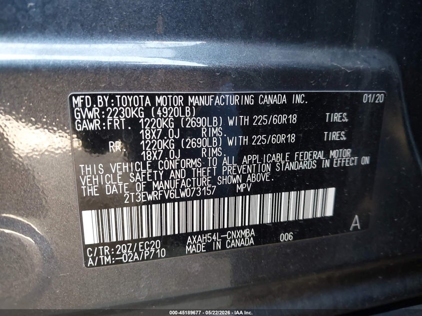 2020 TOYOTA RAV 4 SPORT UTILITY VEHICLE 2.5L I-4 DI, DOHC, VVT, 176HP