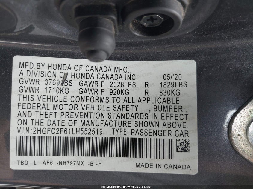 VIN 2HGFC2F61LH552519 2020 HONDA CIVIC LX