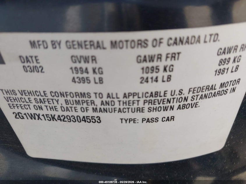 2002 Chevrolet Monte Carlo Ss VIN: 2G1WX15K429304553 Lot: 45189735