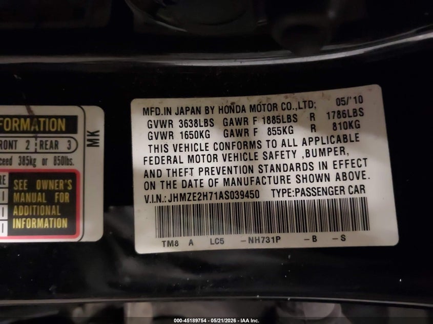 2010 Honda Insight Ex VIN: JHMZE2H71AS039450 Lot: 45189754