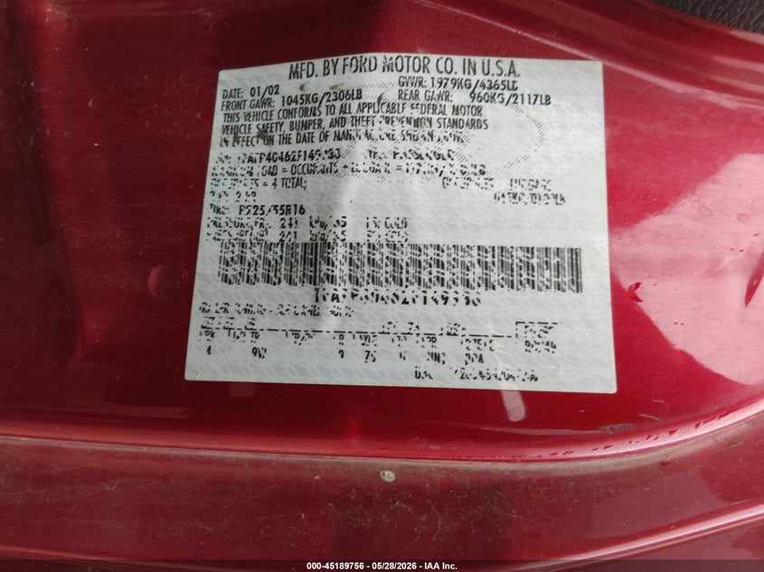 2002 Ford Mustang VIN: 1FAFP40462F149938 Lot: 45189756