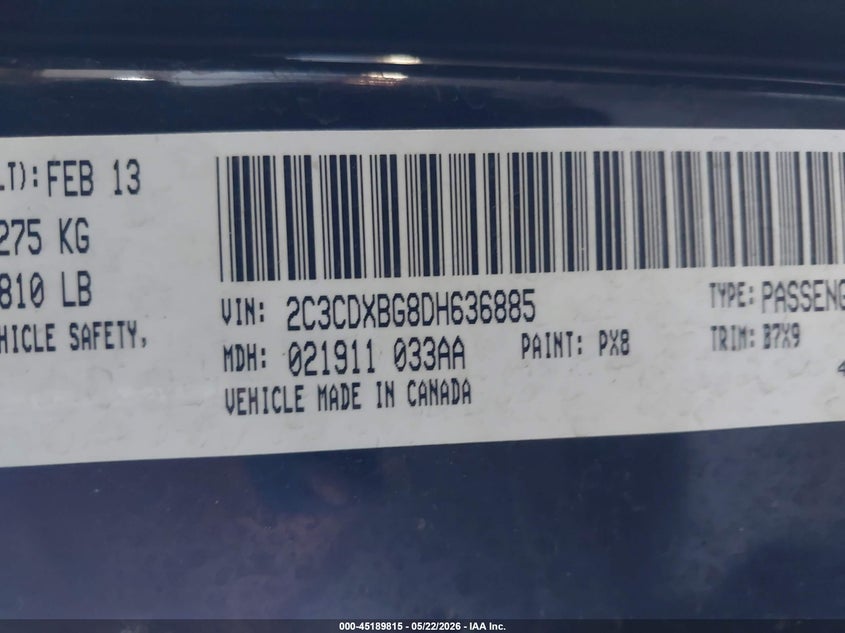 2013 DODGE CHARGER SEDAN 3.6L V-6 DOHC, VVT, 292HP