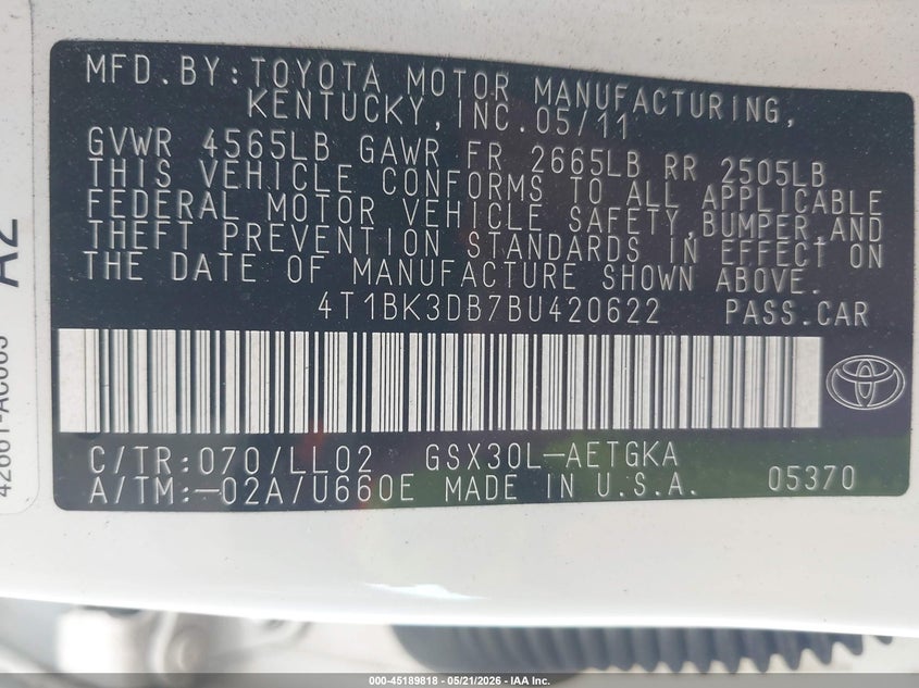 2011 Toyota Avalon VIN: 4T1BK3DB7BU420622 Lot: 45189818