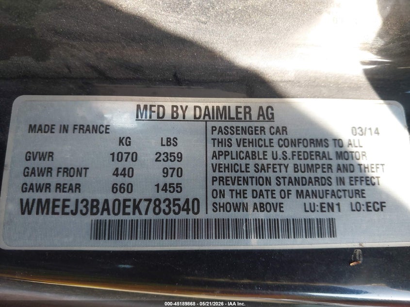 2014 Smart Fortwo Passion VIN: WMEEJ3BA0EK783540 Lot: 45189868
