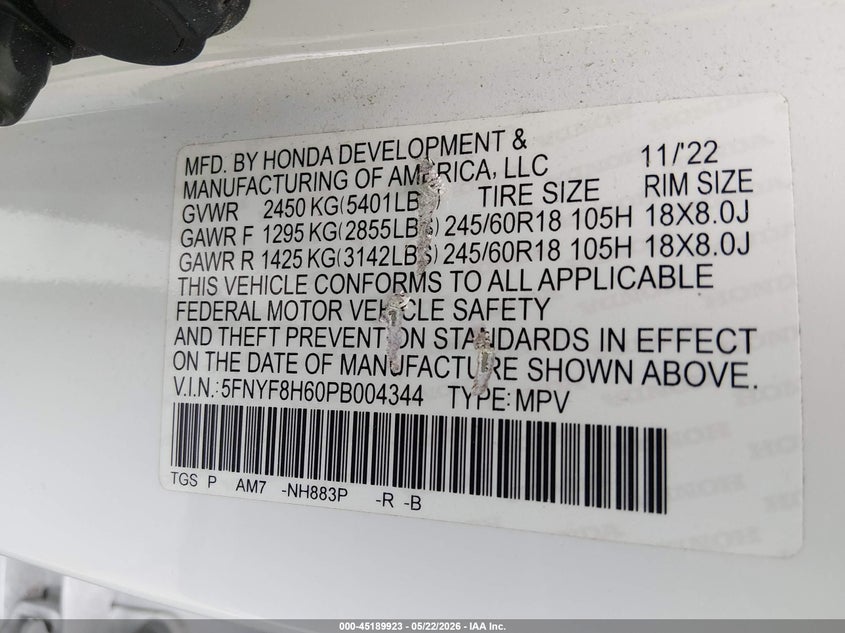2023 Honda Passport Awd Trailsport VIN: 5FNYF8H60PB004344 Lot: 45189923