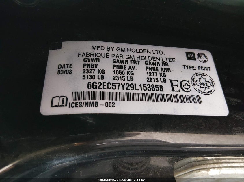 2009 Pontiac G8 Gt VIN: 6G2EC57Y29L153858 Lot: 45189957