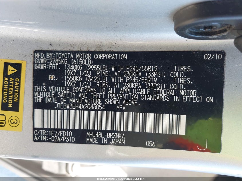 2010 TOYOTA HIGHLANDER SPORT UTILITY VEHICLE 3.3L 6