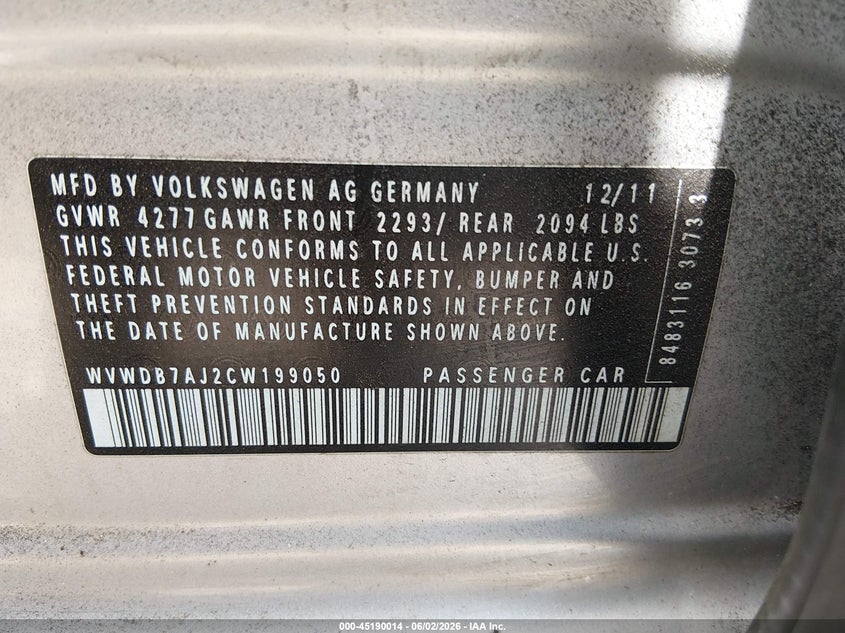 2012 Volkswagen Golf 2.5L 4-Door VIN: WVWDB7AJ2CW199050 Lot: 45190014