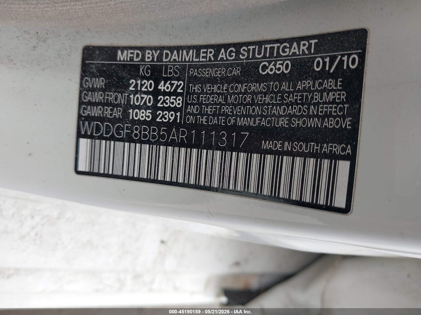 2010 Mercedes-benz C class 3.0 C 300 Luxury 4Matic/Sport 4Matic white Lot 111045190159 Vin WDDGF8BB5AR111317