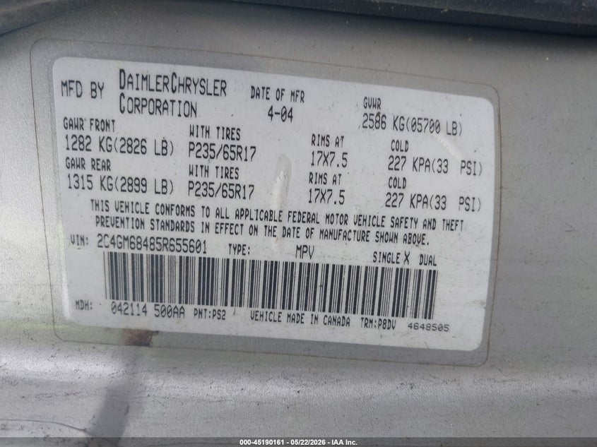 2005 Chrysler Pacifica Touring VIN: 2C4GM68485R655601 Lot: 45190161