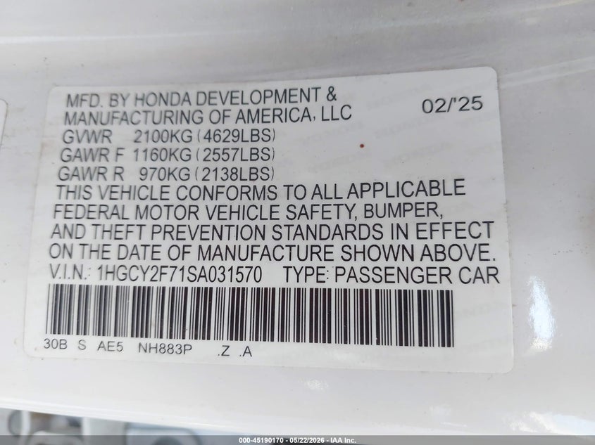 VIN 1HGCY2F71SA031570 2025 HONDA ACCORD HYBRID SPORT-L