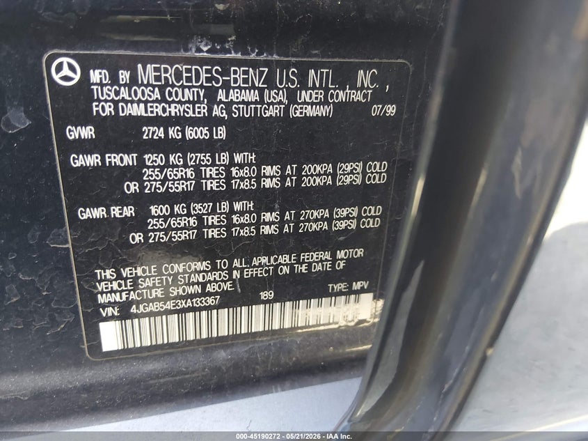 1999 Mercedes-Benz Ml 320 VIN: 4JGAB54E3XA133367 Lot: 45190272