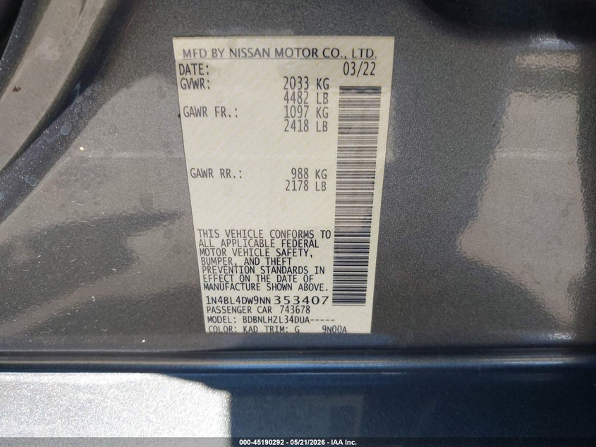 2022 NISSAN ALTIMA 2.5L I-4 DI, DOHC, V(VIN: 1N4BL4DW9NN353407