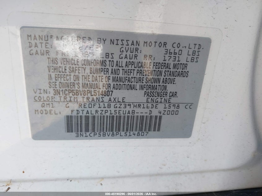 2023 Nissan Kicks S Xtronic Cvt VIN: 3N1CP5BV8PL514807 Lot: 45190296