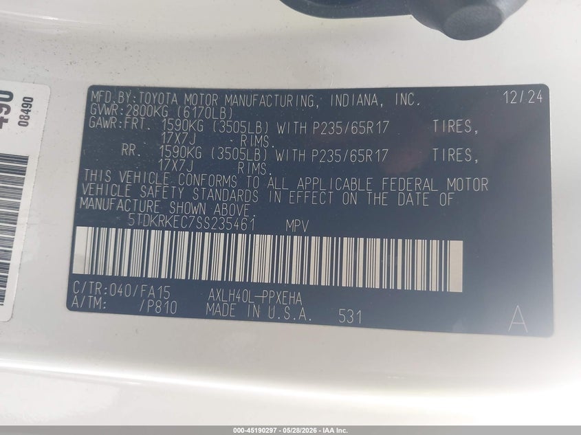 VIN 5TDKRKEC7SS235461 2025 TOYOTA SIENNA LE