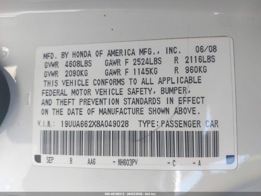 2008 Acura Tl 3.2 VIN: 19UUA662X8A049028 Lot: 45190312