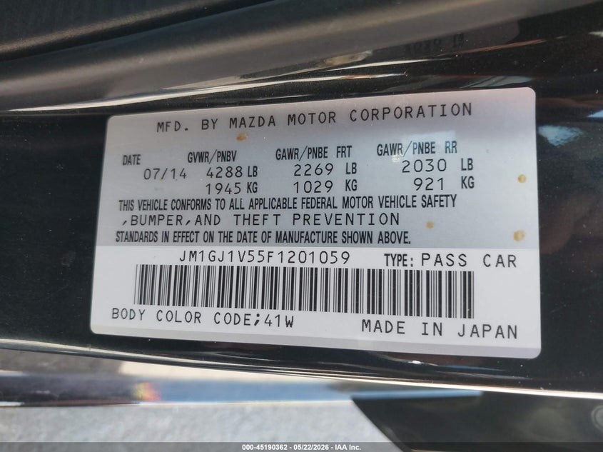 2015 Mazda Mazda6 I Touring VIN: JM1GJ1V55F1201059 Lot: 45190362