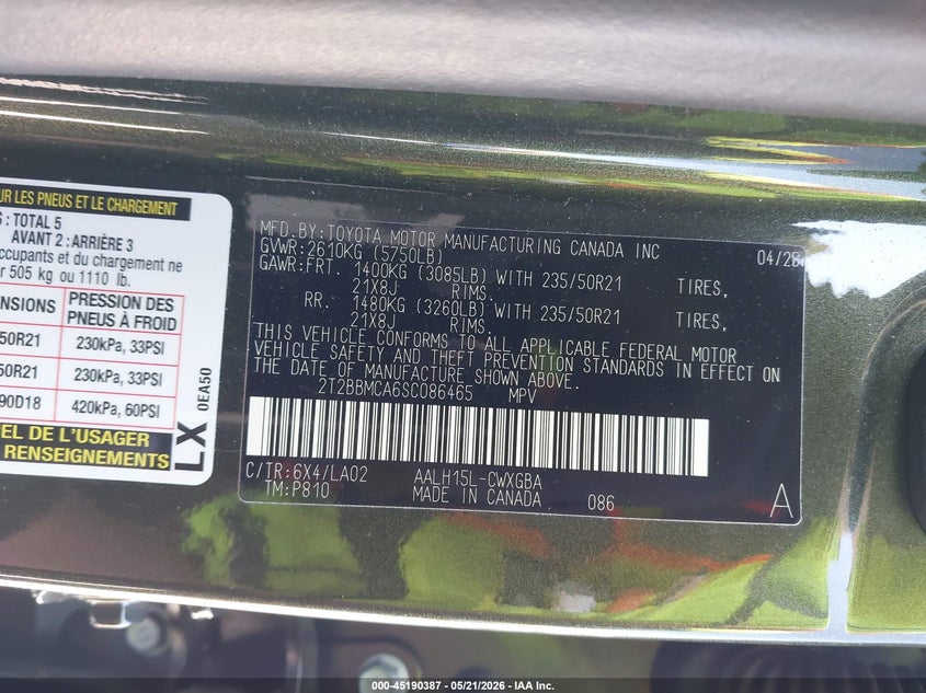 2025 LEXUS RX 350H 2.5L I-4 DI, DOHC, V(VIN: 2T2BBMCA6SC086465