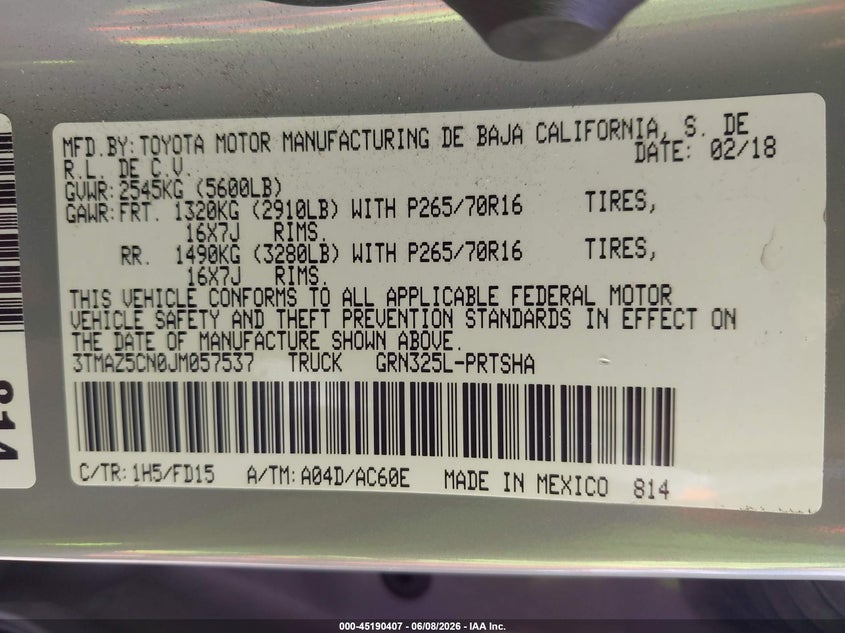 2018 Toyota Tacoma Sr5 V6 VIN: 3TMAZ5CN0JM057537 Lot: 45190407