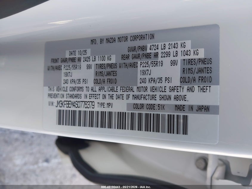 2025 MAZDA CX-5 2.5L I-4 DI, DOHC, V(VIN: JM3KFBEM4S0776379