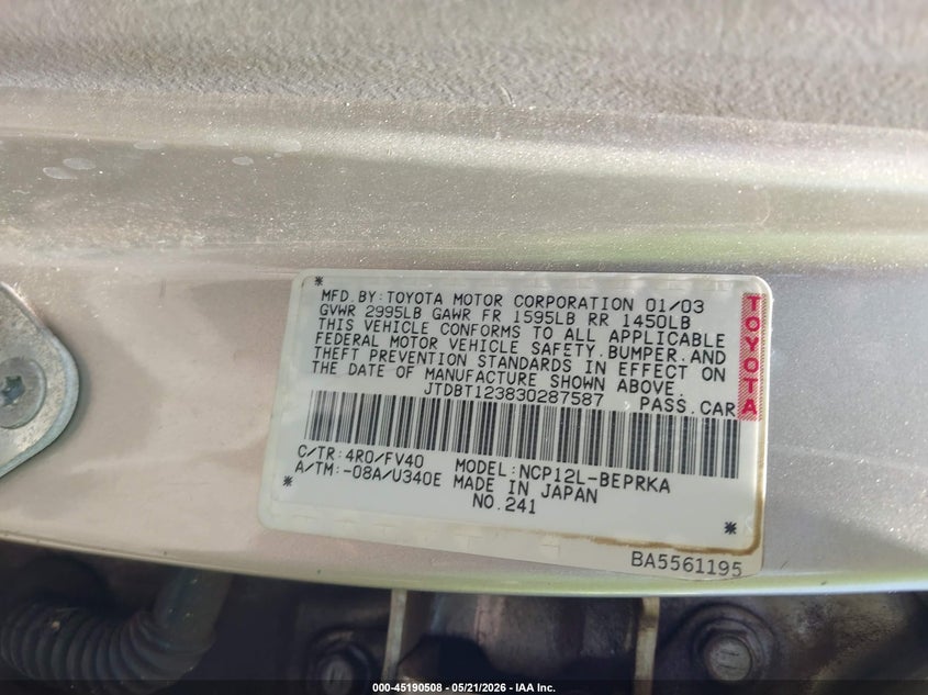 TOYOTA ECHO 2003 VIN JTDBT123830287587