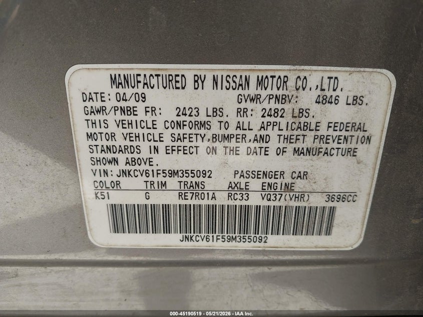 2009 Infiniti G37X VIN: JNKCV61F59M355092 Lot: 45190519