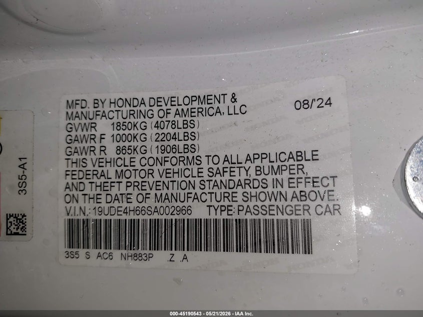 2025 Acura Integra A-Spec Technology VIN: 19UDE4H66SA002966 Lot: 45190543