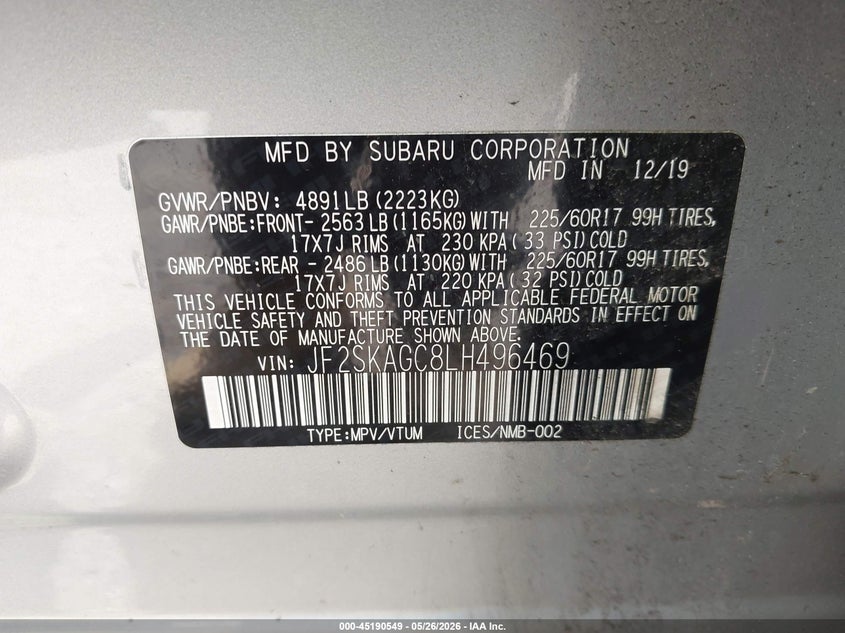 2020 Subaru Forester Premium VIN: JF2SKAGC8LH496469 Lot: 45190549