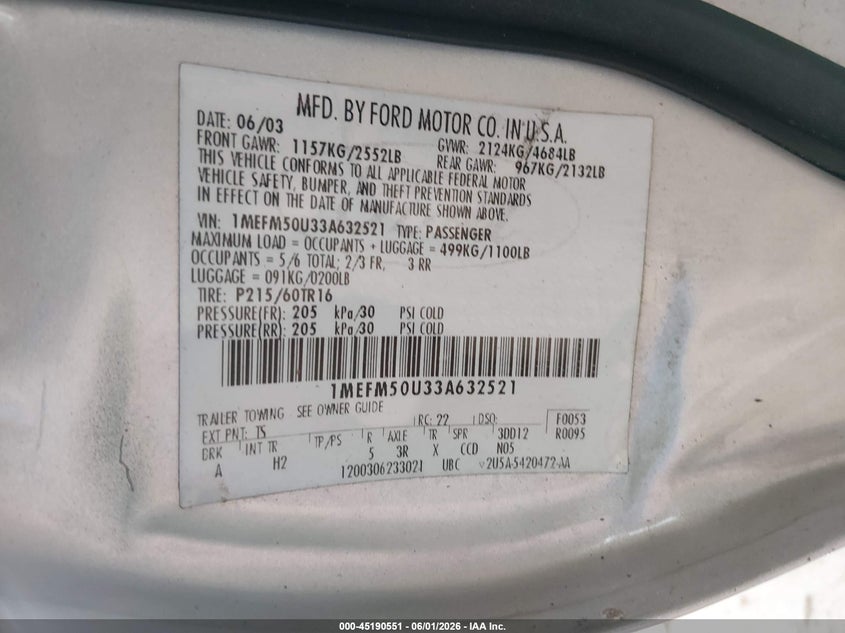 2003 Mercury Sable Gs VIN: 1MEFM50U33A632521 Lot: 45190551