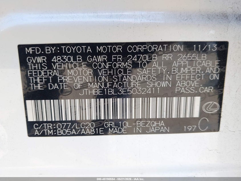 2014 Lexus Gs 350 VIN: JTHBE1BL3E5032411 Lot: 45190554