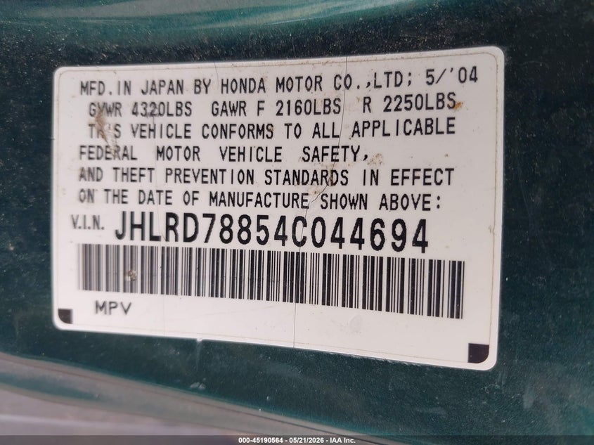 2004 Honda Cr-V Ex VIN: JHLRD78854C044694 Lot: 45190564