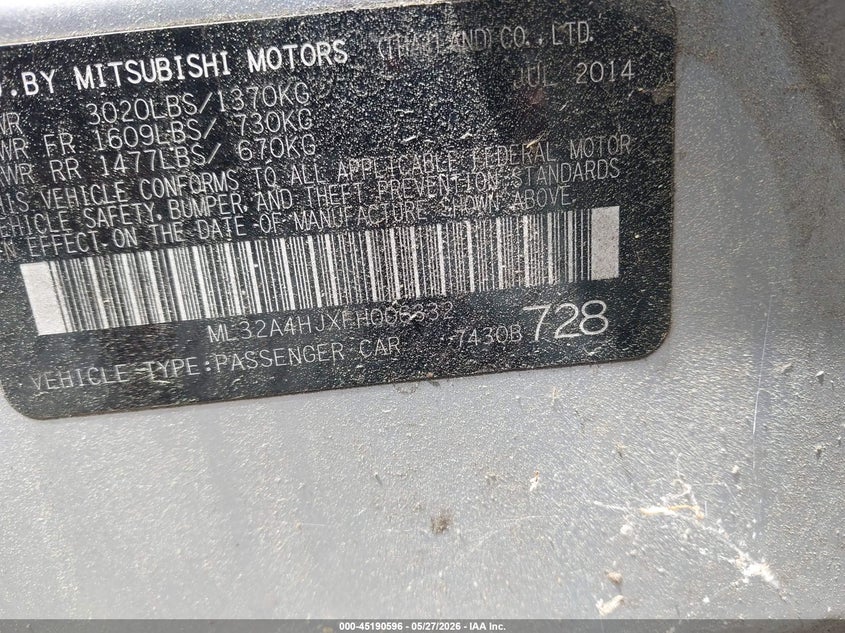 2015 Mitsubishi Mirage Es/Rf VIN: ML32A4HJXFH006332 Lot: 45190596