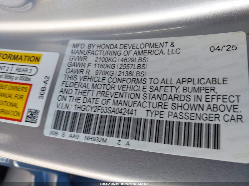 VIN 1HGCY2F53SA042441 2025 HONDA ACCORD HYBRID SPORT