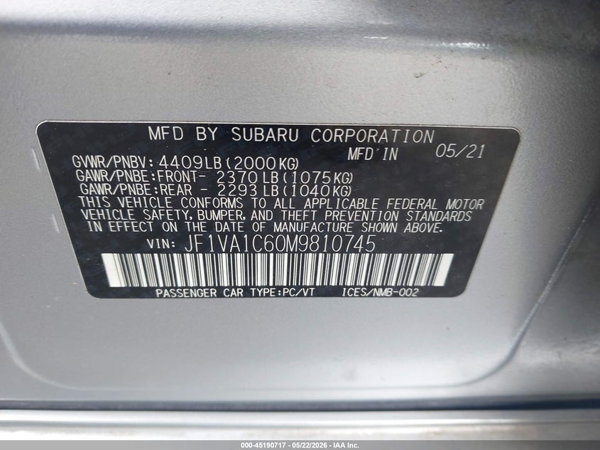 2021 Subaru Wrx Premium VIN: JF1VA1C60M9810745 Lot: 45190717