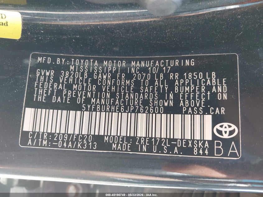 2018 Toyota Corolla Se VIN: 5YFBURHE6JP762600 Lot: 45190749
