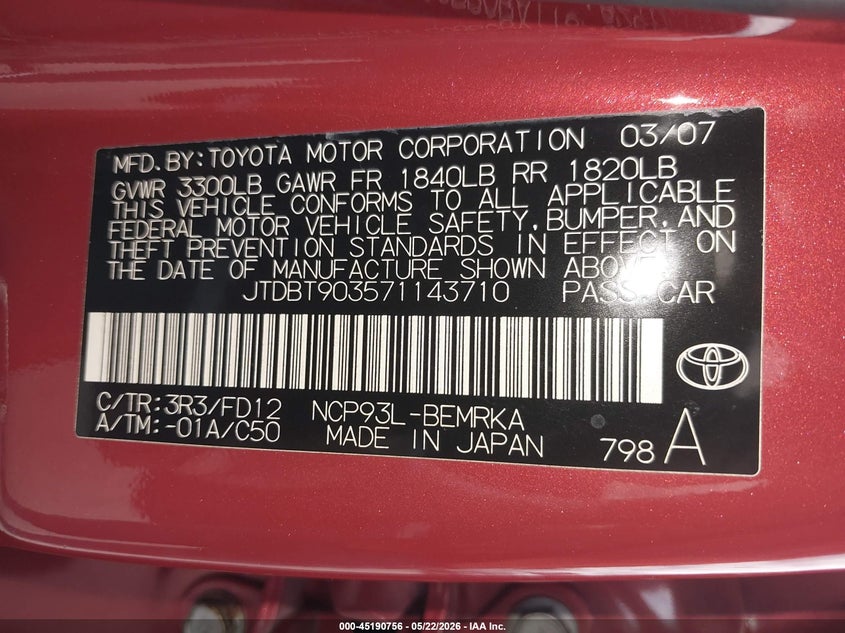 2007 Toyota Yaris VIN: JTDBT903571143710 Lot: 45190756