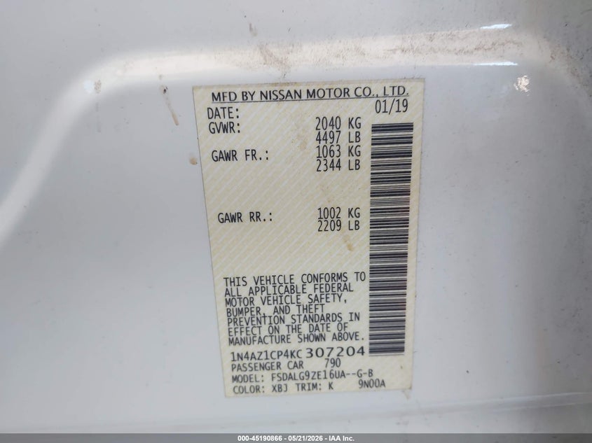 2019 Nissan Leaf Sl VIN: 1N4AZ1CP4KC307204 Lot: 45190866