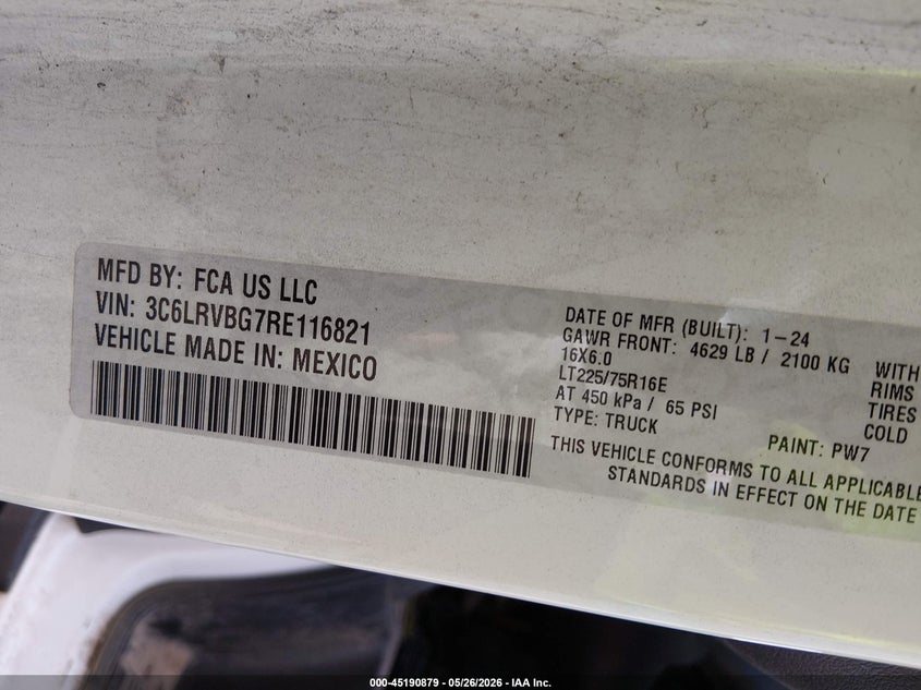 2024 Ram Promaster 1500 Tradesman High Roof 136 Wb W/Pass Seat VIN: 3C6LRVBG7RE116821 Lot: 45190879