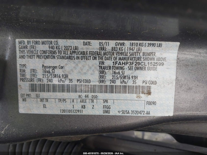 2012 Ford Focus 2.0 Se grey Lot 111045191078 Vin 1FAHP3F29CL152599