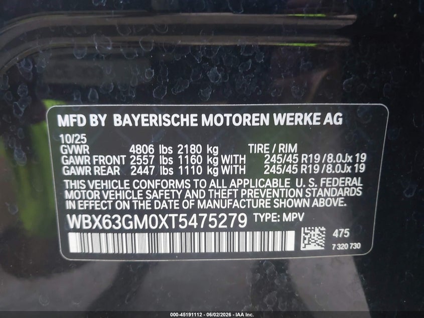 2026 BMW X2 xDrive28I VIN: WBX63GM0XT5475279 Lot: 45191112